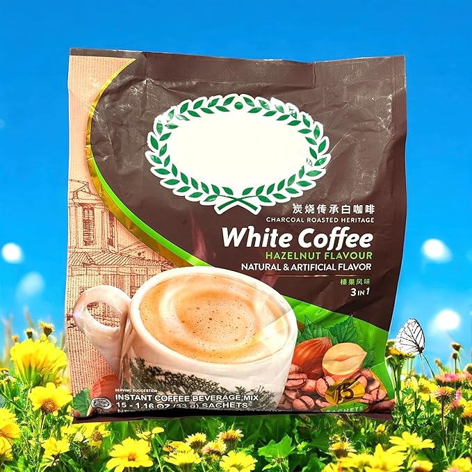 1 Pack - Instant White Coffee Hazelnut Flavour - Ca Phe Trang Hoa Tan Vi Hazelnut - 15 Sticks per Bag - Product of Malaysia
