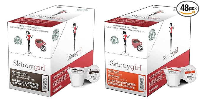 Skinnygirl Flavored Coffee Pods Single Serve Coffee for Keurig K Cups Machines 24 Count Americano Espresso Roast and 24 Count Half-Caff Reduced Caffeine 48 Total Recyclable Pods