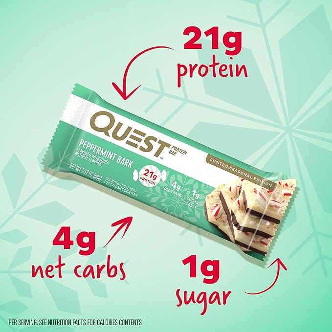 Quest Nutrition Crispy Cookies &amp Cream Hero Protein Bar 18g Protein 1g Sugar 3g Net Carb &amp Peppermint Bark Protein Bar 21g Protein 4g Net Carb 1g Sugar Gluten Free