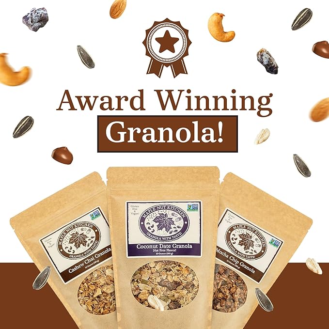 Maple Nut Kitchen Artisanal Variety Pack Granola Bites - Cashew Chai Mocha Chip and Coconut Date | 10 oz Each | Gluten-Free Vegan Delicious Breakfast Treats | 3-Pack