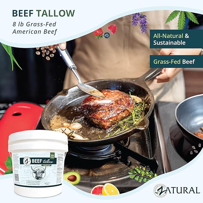 Zatural 100% Pure Grass-Fed Beef Tallow ~1 Gallon 8 lbs – Deodorized &amp Refined Food-Grade Fat for Cooking Frying Skincare Soap Making &amp DIY Balms (8 Pounds)