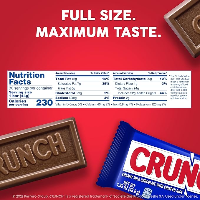 CRUNCH Full-Size Candy Bar Creamy Milk Chocolate with Crunchy Crisped Rice 36 Individually Wrapped Bars 1.55 oz Each