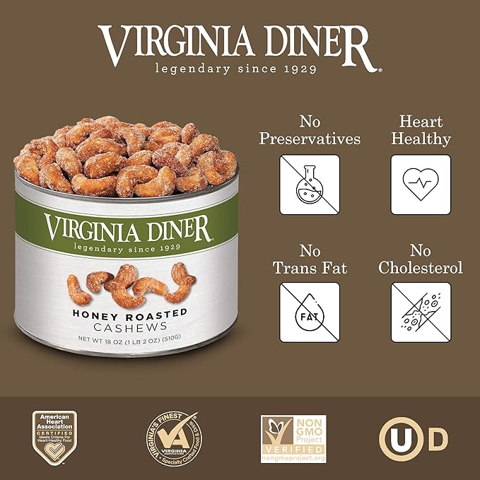 Virginia Diner Honey Roasted Cashew - Jumbo Honey Roasted Gourmet Cashews Gift Tin Non-GMO Preservative Free Gifts from Virginia Since 1929-18 Oz Can