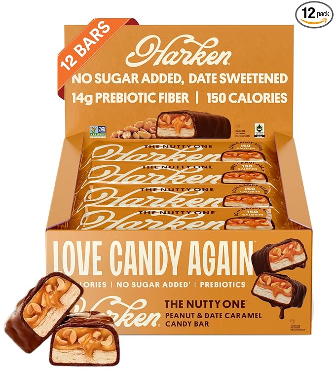 Harken Sweets The Nutty One Oat Milk Chocolate Candy Bars with Peanuts and Date Caramel Sweetened with Dates and No Sugar Added High Fiber Snack Gluten-Free Plant-Based 12 Bars