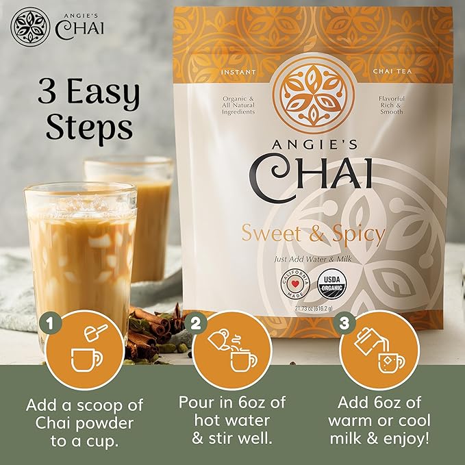 Angie's Chai Sweet &amp Spicy Organic Instant Chai Tea Powder - Made in USA Delicious Spiced Chai Powder Mix 30 Servings 80 Calories Handcrafted Free of Artificial Ingredients Natural Indian Sp