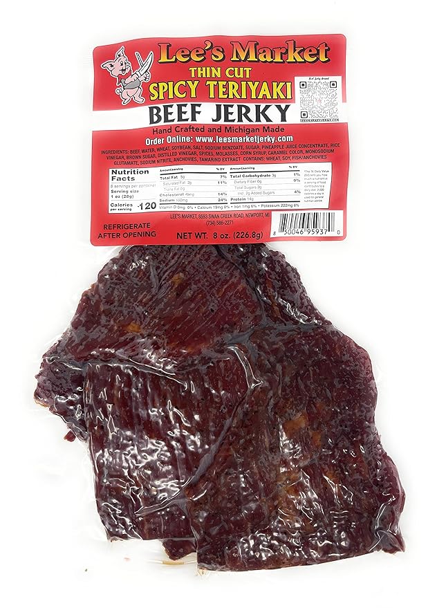 Lee's Market Spicy Teriyaki Thin Cut Beef Jerky - Soft &amp Tender - Healthy Low Carb Gluten-Free Snack - Paleo &amp Keto-Friendly - Michigan Made Handcrafted Jerky - Specialty Gourmet Meat Snacks