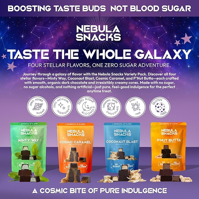 Nebula Snacks Variety Pack – Zero Sugar Dark Chocolate Bites in Four Flavors: Minty Way Cosmic Caramel Coconaut Blast &amp P’Nut Butta Non-Glycemic Keto-Friendly Dairy-Free and Gluten-Free – 4