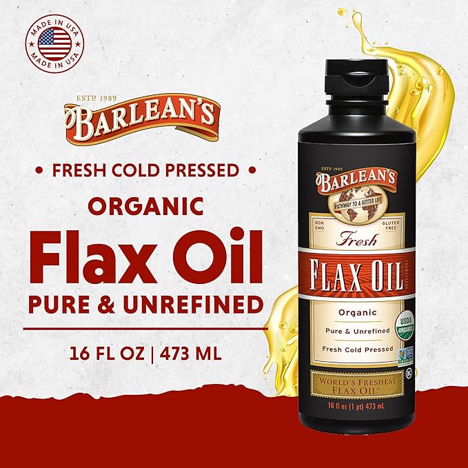Barlean's Organic Flaxseed Oil Liquid from Fresh Cold Pressed Flax Seeds 7640mg ALA Omega 3 Fatty Acid Supplement for Healthy Hair and Skin Vegan and Gluten Free 16 oz