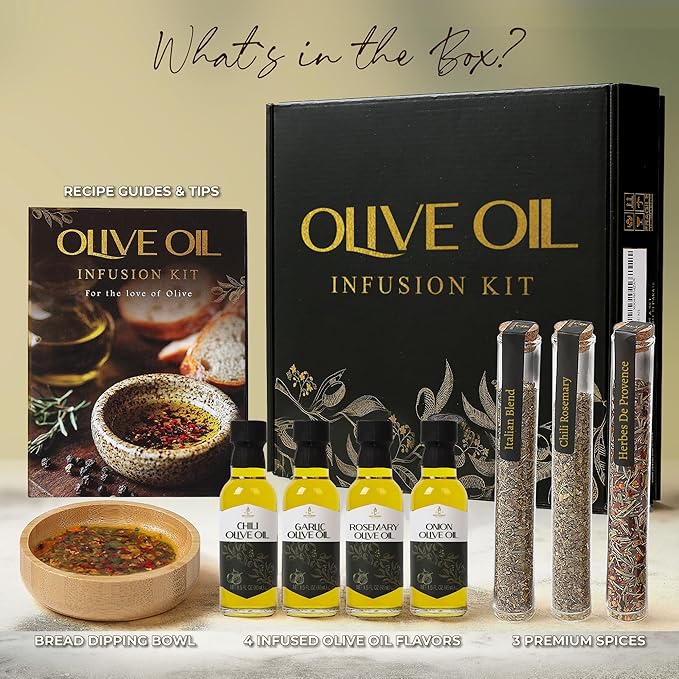 Infused Olive Oil Gift Set – Variety Pack - 4 Flavored Olive Oil Extra Virgin 3 Spice Flavorful Infusion Blends Bread Dipping Bowl &amp Recipe Booklet - Set of 8 – Gourmet Cooking Gifts for Women -