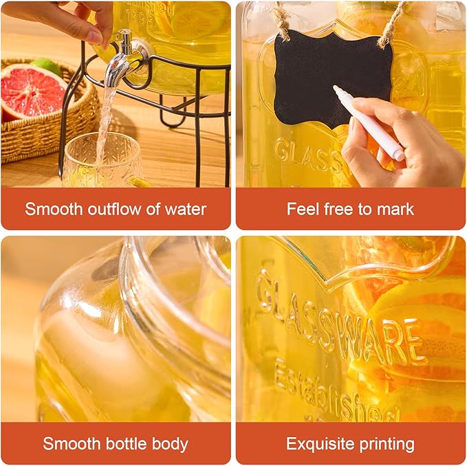2 Gallon Glass Drink Dispensers for Parties Beverage Dispenser with Stand Fruit Infuser and Stainless Steel Spigot 100% Leakproof Beverage Dispenser for Lemonade Sun Tea