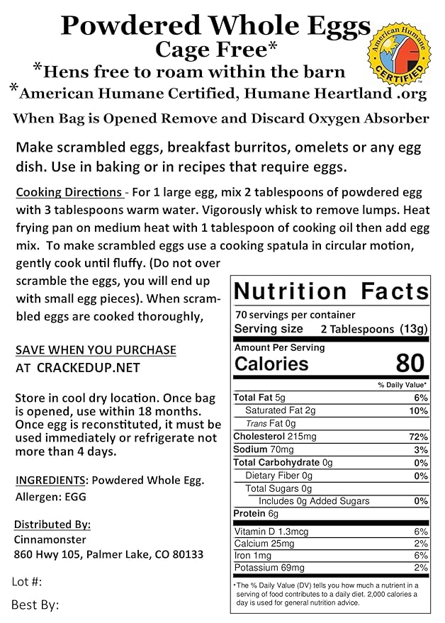4 POUNDS (64 OZ) Mylar Bags Long-Term Storage140 Servings Cage-Free Whole Eggs 2-Pack USDA Licensed Freshest Eggs Made in the USA Makes 140 Large Eggs 1 INGREDIENT NON GMO ALL NATURAL