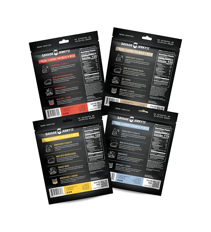 SAVAGE Bacon Jerky Variety - Sizzlin Maple Bourbon Glaze Smokehouse Sgt. Pepper (Pack of 4) - Gluten Free High Protein Low Calorie