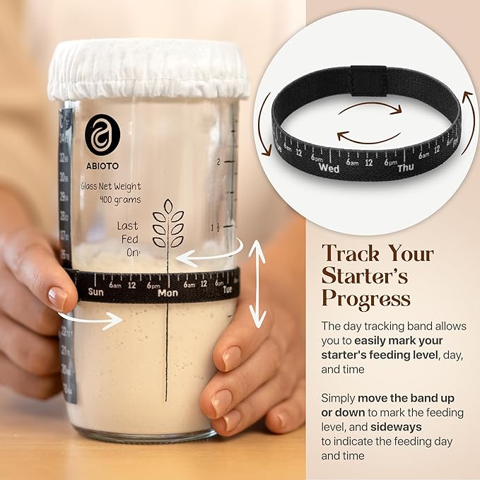 Sourdough Starter Kit Includes 24 oz Sourdough Starter Jar with Metallic Lid Silicone Spatula Feeding Tracker Extra Thermometer Strips &amp Breathable Covers - Sourdough Bread Starter Kit