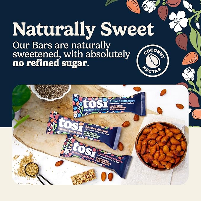 Tosi Almond Variety Pack Protein Bars Plant Based with Nuts Gluten-Free Crunchy Snacks Vegan Organic Flax &amp Chia Seeds Soy-Free Omega 3s 5G Protein 1 oz 12-Pack