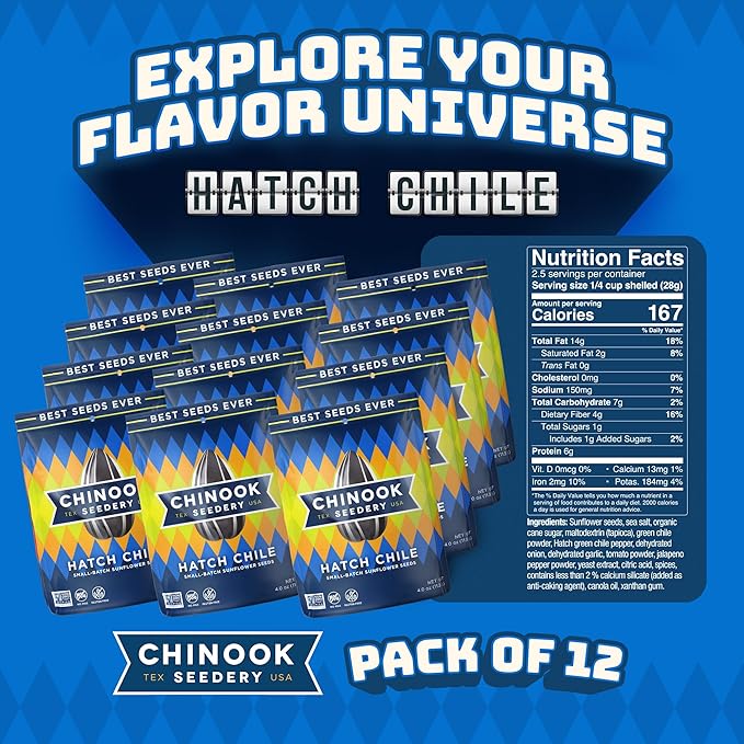 Chinook Seedery Sunflower Seeds to Eat — Jumbo Flavored Roasted Low Sodium Snacks — Keto Friendly Gluten-Free Non-GMO — Hatch Green Chile Flavor 4 oz (12-Pack)