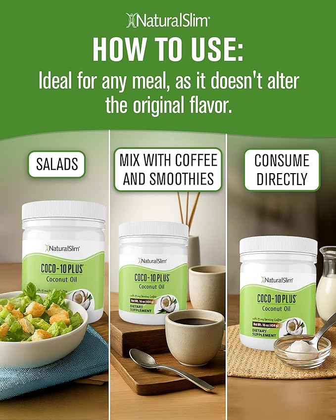NaturalSlim Coconut Oil with CoQ10 - MCT Oil Organic Coconut Oil for Baking Mixing with Shake Smoothies Coffee or Ingest Directly - Supports Energy Metabolism and Immune System Fresh Flavor