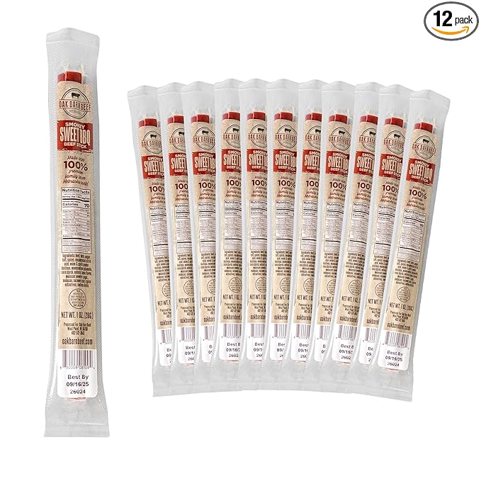 Oak Barn Beef Sticks - Dry Aged Meat Snacks - 100% Nebraska Small Farm Jerky Beef Sticks Individually Wrapped - Low-Calorie Sugar-Free Protein Snacks - Gluten Free Meat Stick - Smokey Sweet BBQ 12Pcs