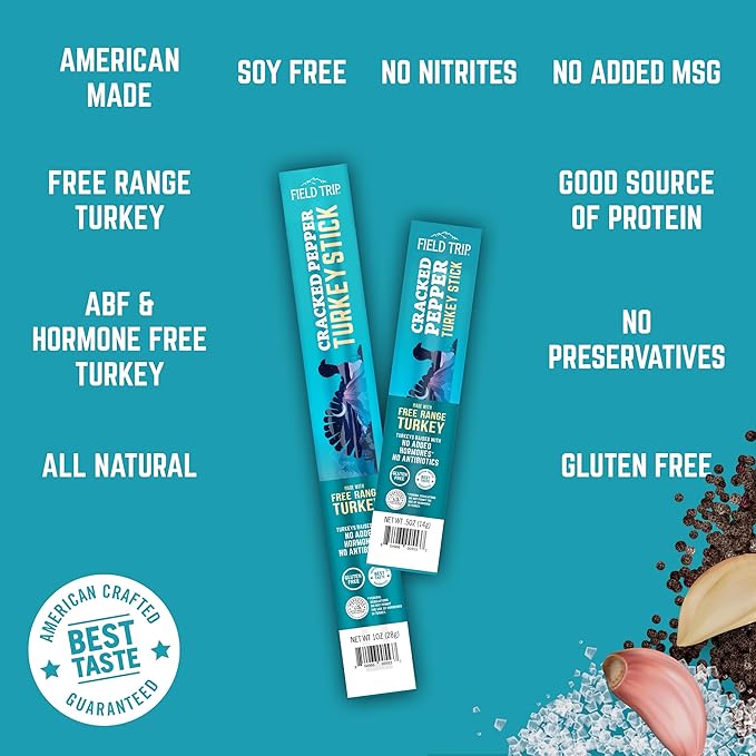 Field Trip Free Range Cracked Pepper Turkey Jerky Sticks Keto Paleo Gluten Free Allergy Friendly Snack High Protein 35 Calorie 0.5oz 24 Pack