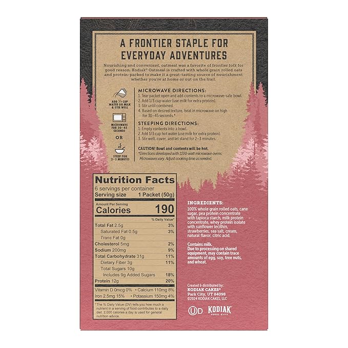 Kodiak Instant Oatmeal Packets Strawberries &amp Cream High Protein 100% Whole Grains 6 boxes with 6 packets each (36 packets total)