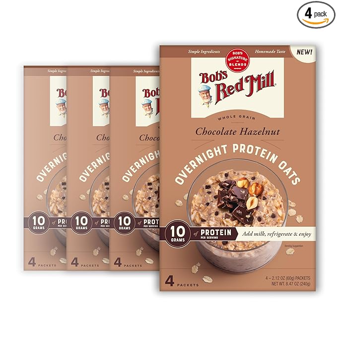 Bob's Red Mill Overnight Protein Oat Packets Chocolate Hazelnut (4 Boxes/4 Packets per Box) Non-GMO Gluten Free Whole Grain