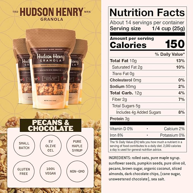 Hudson Henry Chocolate Pecan Granola for Yogurt Snacking &amp Cereal | Dark Chocolate Granola with Pecans &amp Oats | Gluten Free Non-GMO Small Batch Baked | 3 Pack (12 oz Bags)