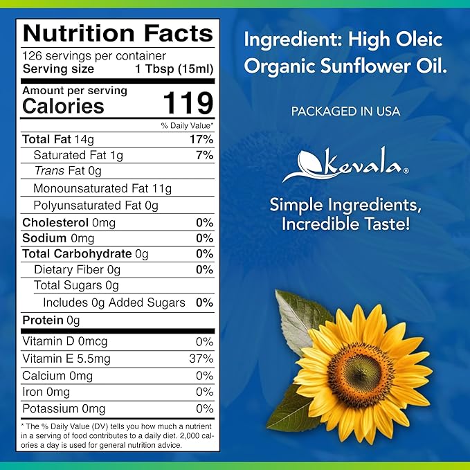 Kevala Organic Sunflower Oil - Oil for Cooking and Baking Processed in a Facility Free of Tree Nuts and Peanuts Good Carrier for Essential Oils Kitchen Pantry Staple for your Home 64 fl oz 1/2 gal