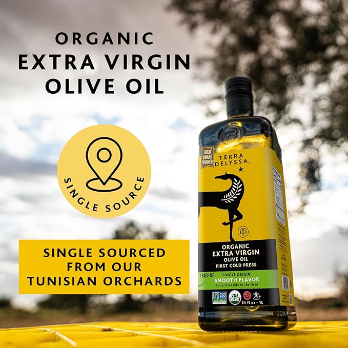 Terra Delyssa First Cold Pressed Organic Extra Virgin Olive Oil Single Sourced 1 L (34 fl. oz) Dark Glass Bottle - 1 Pack Non-GMO Naturally Rich in Antioxidants and Polyphenols