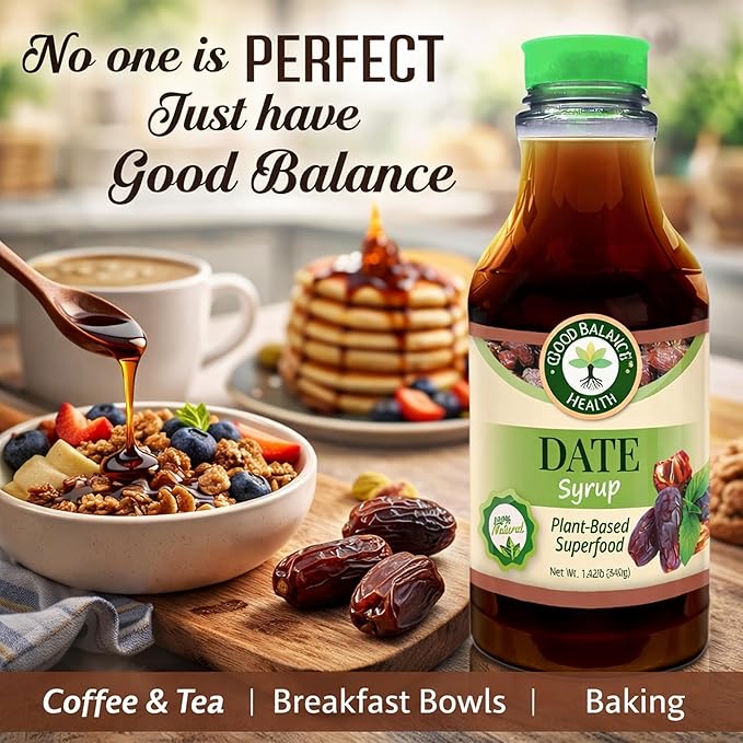 Good Balance Health Organic Date Syrup Sweetener Natural Sugar Alternative for Coffee Tea Baking and Cooking Vegan Paleo Gluten Free Kosher 22.5 oz Squeeze Bottle