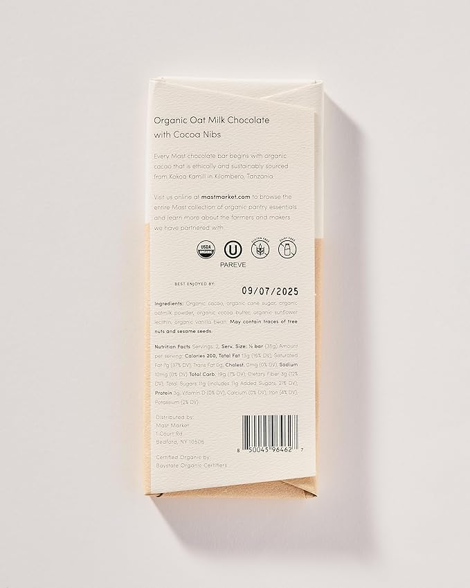 Mast Chocolate Bars | 6 pack | Organic Kosher | Classic 2.5oz each (6 Bars Organic Oat Milk Chocolate with Cocoa Nibs)