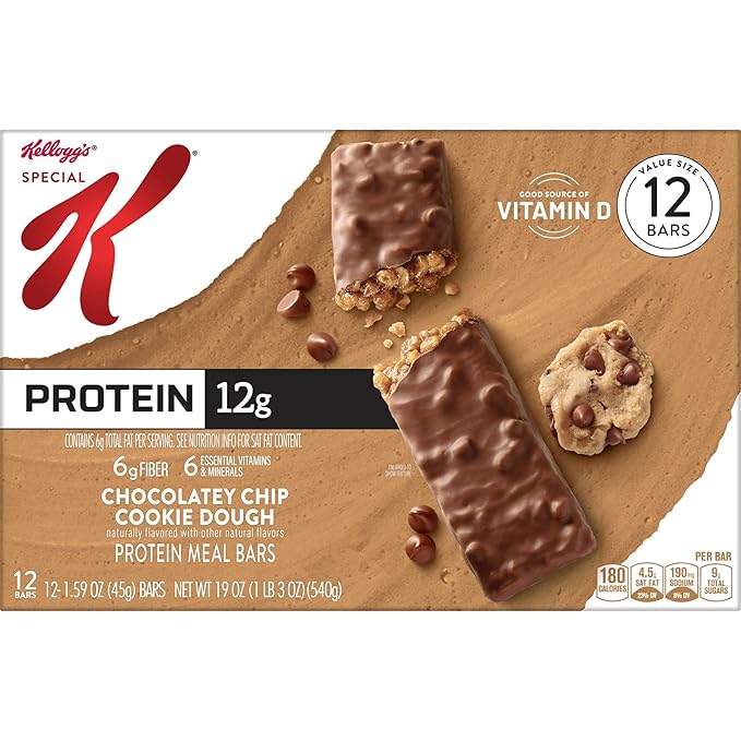 Kellogg's Special K Protein Meal Bars 12g Protein Snacks Meal Replacement Chocolatey Chip Cookie Dough 19oz Box (12 Bars) (Pack of 2)