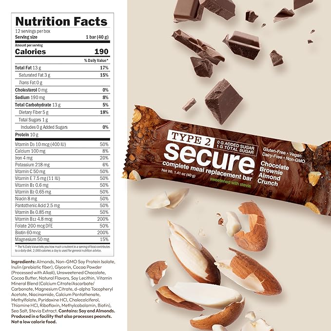 ANDREW LESSMAN Type 2 Secure Complete Meal Replacement Bars (Stevia) – Chocolate Brownie Almond Crunch – 36 ct box – 10g Protein 0g Added Sugar 16 Essential Vitamins &amp Minerals Gluten-Free Veg