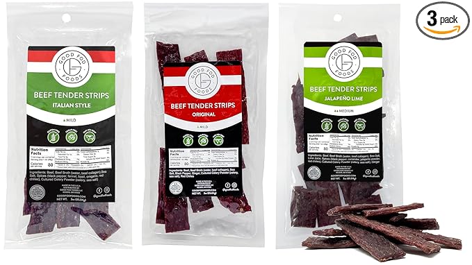 Good Fod Foods Tender Beef Jerky Steak Strips Variety Pack of 3 – Low FODMAP Keto Snacks Gluten-Free Sugar-Free Jerky No Nitrites No Nitrates 100% USA Beef
