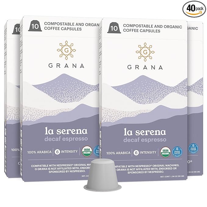 G GRANA Decaf Coffee Pods Compatible with Nespresso OriginalLine 40 Count Dark Roast Decaffeinated USDA Organic 100% Arabica Single Source Specialty Coffee Compostable Single Serve Capsules
