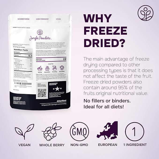 Jungle Powders Freeze Dried Whole Black Raspberries 3.2oz &amp Organic Wild Blueberries 4oz – No Sugar Added Dehydrated Berries for Baking Smoothies Snacks &amp Toppings
