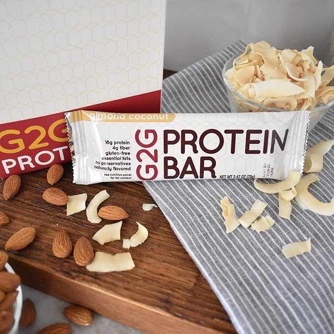 G2G Protein Bar Almond Coconut Real Food Ingredients Refrigerated for Freshness Healthy Snack Delicious Meal Replacement Gluten-Free 16 Count (2 Packs of 8)