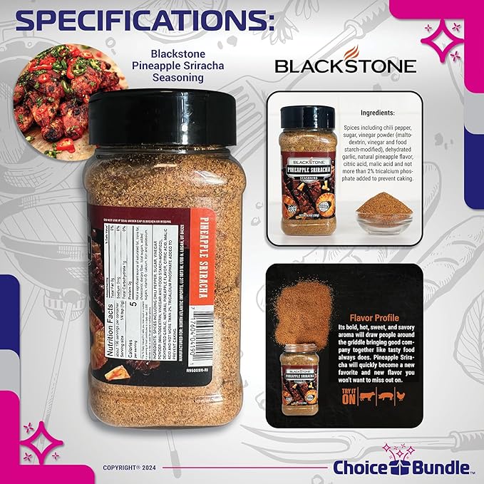 Blackstone Pineapple Sriracha Seasoning – Gourmet Griddle Premium Barbecue Rub 4 Pk (27.6 oz) + BBQ Masters &amp Opener (6 Items)!
