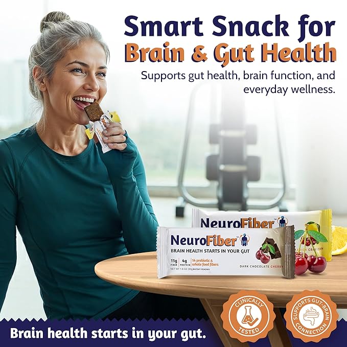 NeuroFiber Prebiotic Fiber Bars – Gut Health Constipation Relief &amp Brain Function Support – Plant-Based Gluten Free Vegan (8 Bars Mix Box Lemon/Choco)