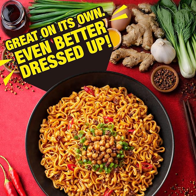 JWAY Sichuan Pepper Stir Fry Noodles Deep-fried Instant Ramen with Chili Oil Spicy Dry Tossed Noodles Real Vegetable Pack Rich Chili Flavor Quick &amp Easy Ready Meal 3.20 oz (Pack of 12)