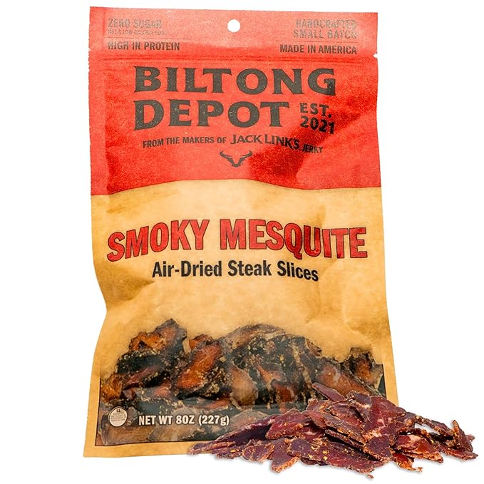 Biltong Depot Smoky Mesquite Biltong Slices - 8oz | Air-Dried Beef Jerky Snack | High Protein | Paleo &amp Keto Friendly | Zero Sugar | Gluten Free | No Artificial Preservatives | No MSG