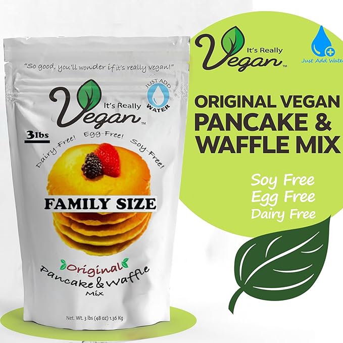 It's Really Vegan Pancake &amp Waffle Family Size Mix 3lbs | Dairy Free Egg Free and Soy Free Mix Pancake Waffle | Serving Size 1/3 Cup Mix (43g) (Original)