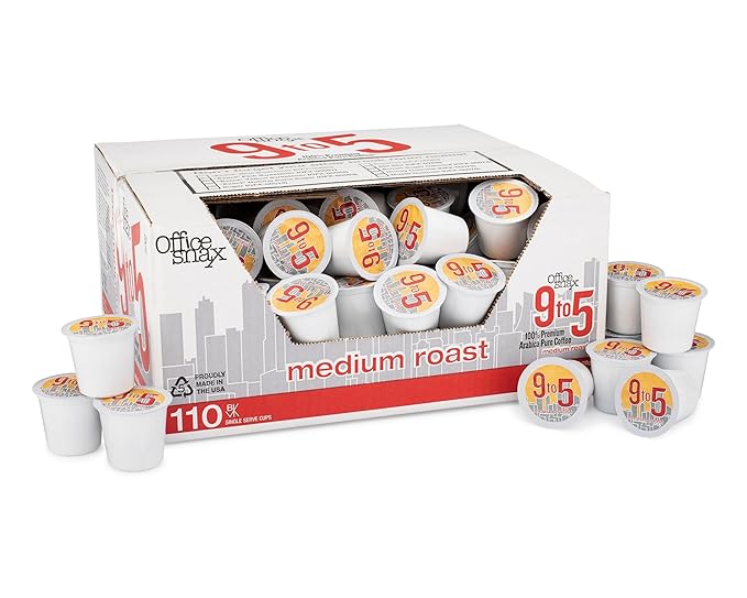 Office Snax 9 To 5 Coffee Medium Roast 100% Arabica Coffee PODs Case of 110 No Artificial Flavors Colors or Preservatives Keurig K-Cup Compatible Flavorful Aromatic &amp Smooth