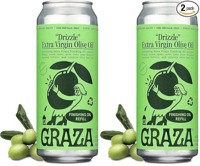 Graza Drizzle Extra Virgin Olive Oil Finishing Oil - High Polyphenol Early Harvest EVOO Finishing Oil in a Squeeze Bottle - Single Farm Olives from Spain - 16.9 Fl Oz (500ml) Refill Can (Pack of 2)