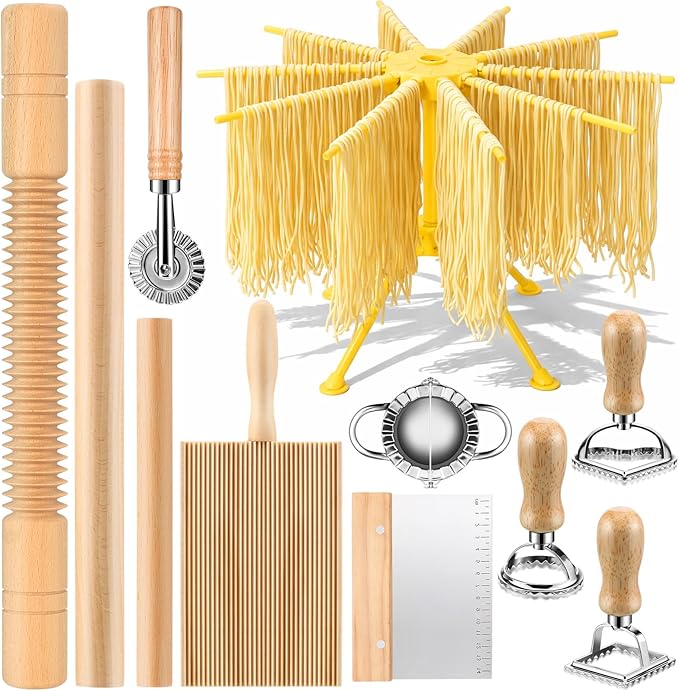 11 Pcs Pasta Making Tools Kit - Pasta Drying Rack Gnocchi BoardPasta Cutter Ravioli Stamps Wood Threaded Pasta Roller Pin Set Noodle and Dumplings Maker