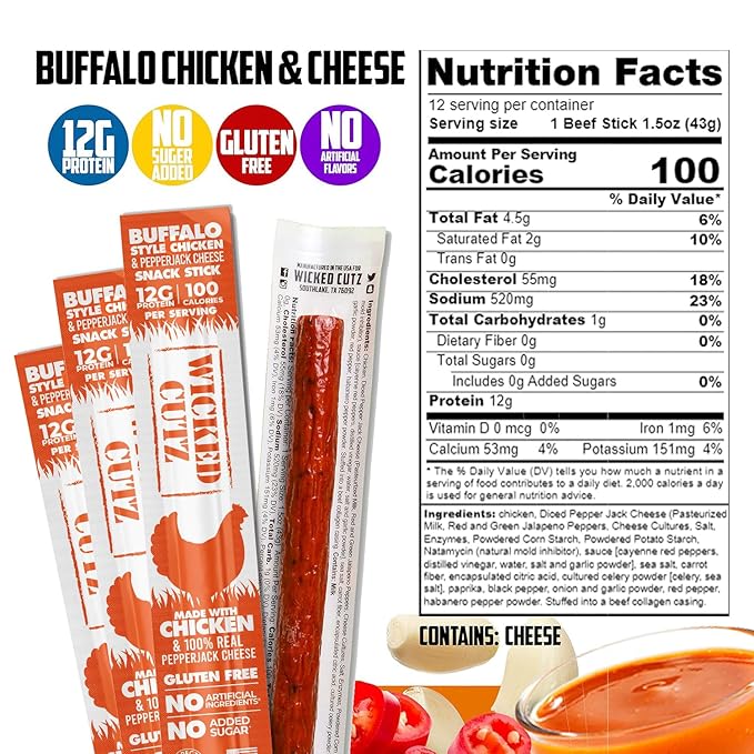 Buffalo Chicken Sticks 12g Protein Per Chicken Stick Tender &amp Juicy Meat Sticks with Real Pepper Jack Cheese USA Made High Protein Carnivore Snacks (12 Pack)