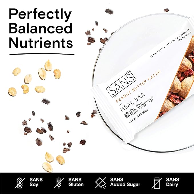 SANS Peanut Butter Cacao Meal Replacement Protein Bar | All-Natural Nutrition Bar With No Added Sugar | Dairy-Free Soy-Free and Gluten-Free | 15 Essential Vitamins and Minerals | (6 Pack)