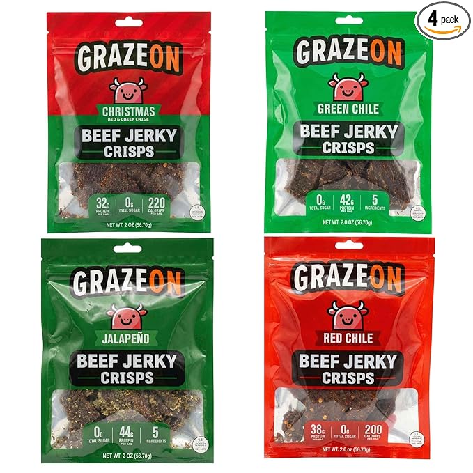 GrazeOn Beef Jerky Crisps Variety Pack - High Protein No Sugar Crunchy Air-Dried Meat Snack All-Natural Low Carb Keto Paleo Whole30 Spicy Pack All Natural Jerky Sampler with Red Chile Jalapeñ
