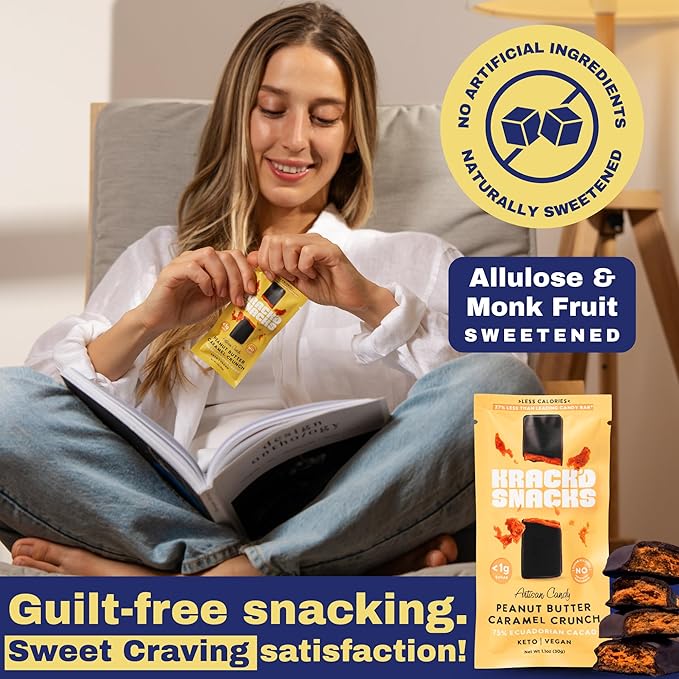 Krack’d Snacks Keto Chocolate Snack Bars 5 Pk | Handmade Low Carb Sugar Free Dark Chocolates with Peanut Butter Caramel Crunch Allulose | Vegan Non-GMO Gluten Free Chocolate Candy Bar