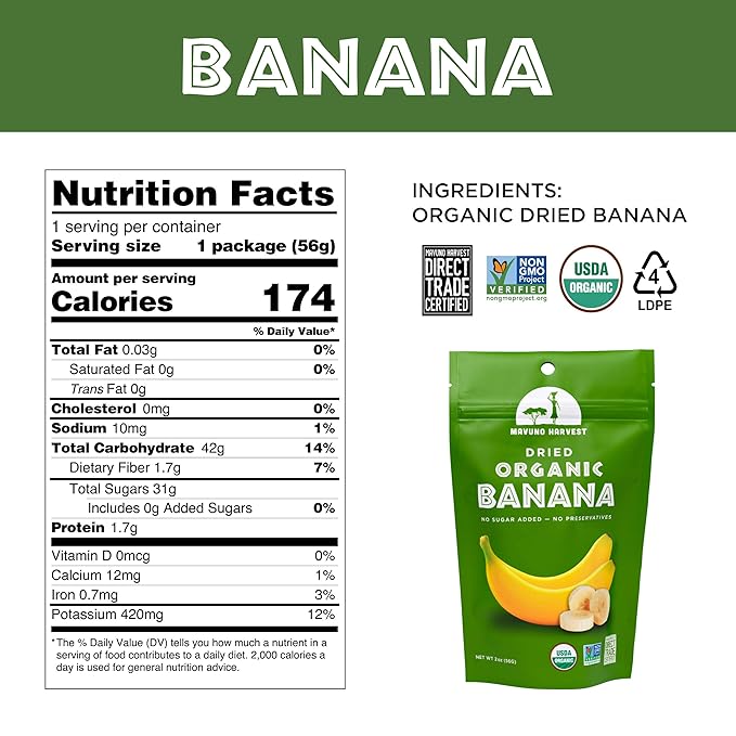 Mavuno Harvest Dried Banana Chips Fruit Snacks | Organic Dried Banana | Healthy Snacks for Kids &amp Adults | Unsweetened Banana Chips | Gluten Free Snack | Vegan Non GMO Direct Trade | 2 Oz Pack