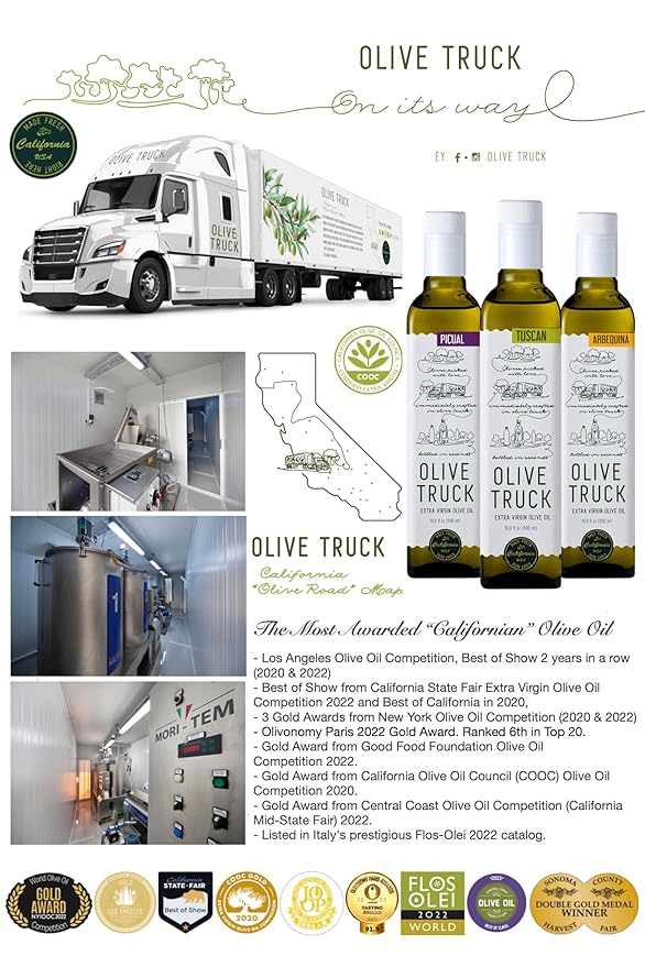 Olive Truck California Extra Virgin Olive Oil - Made from Early Harvest Olives Authentic &amp Filtered Glass Bottle Cold-Pressed High Polyphenol Olive Oil - Frantoio (Italian) 8.45 fl oz (Pack of