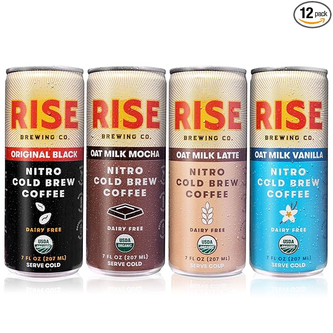 RISE Brewing Co. | Nitro Cold Brew Coffee | Gluten-Free Vegan | Organic &amp Non-GMO | 3x Original Black 3x Oat Milk Latte 3x Oat Milk Mocha 3x Oat Milk Vanilla Latte 7 Fl Oz (Pack of 12)
